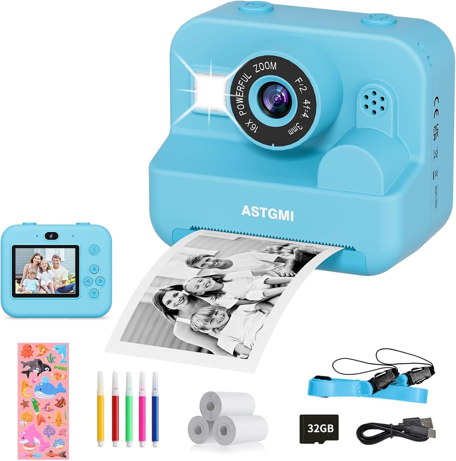 Appareil Photo Enfant, Appareil Photo Instantané 2.4" Écran avec Papier d'impression et Carte 32GB, Mode Video et Selfie, Jouet Cadeau pour Filles Garçons Enfant de 3-14 Ans(Bleu)