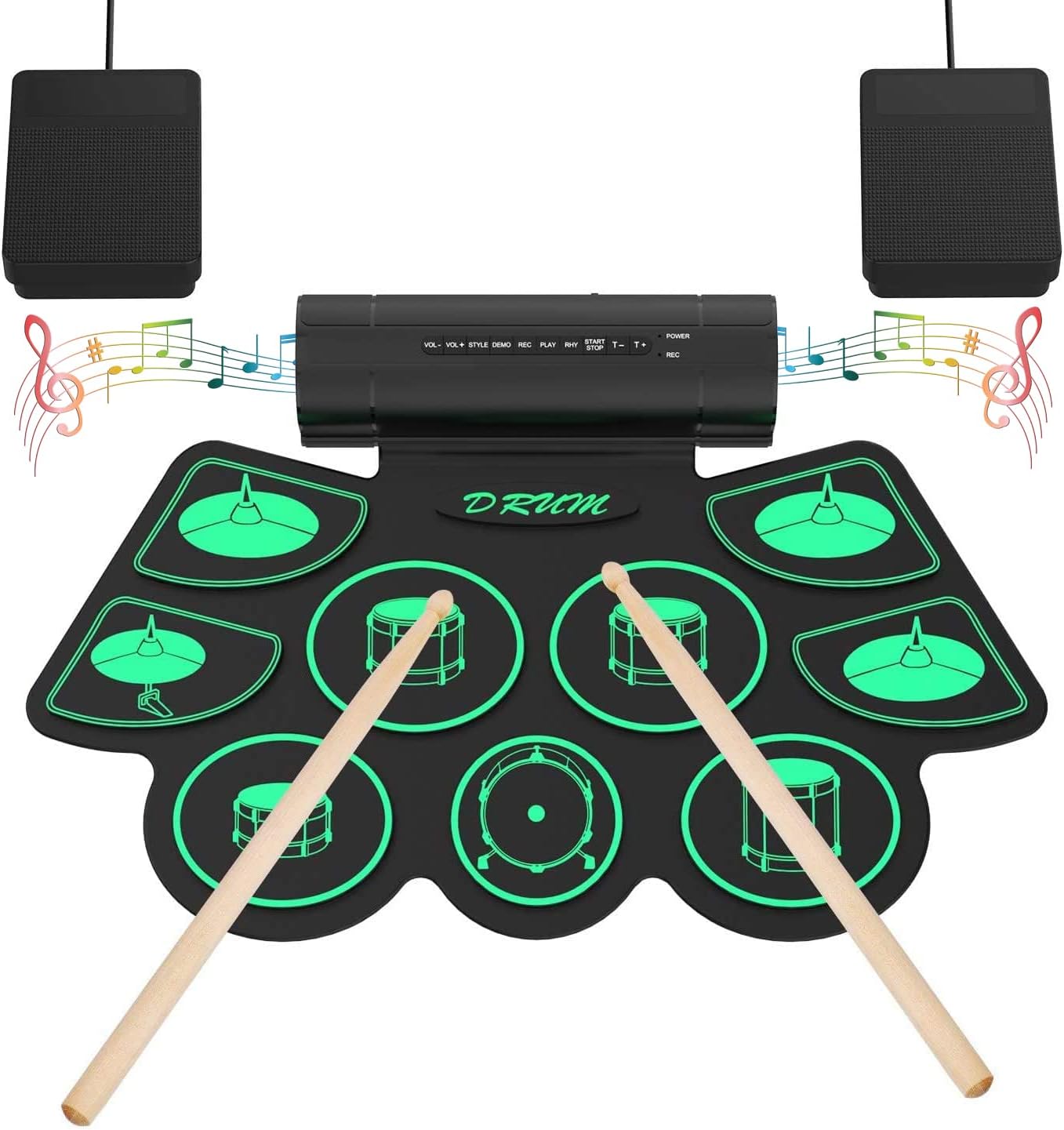 Kit de Batterie Électronique, Uverbon Portable Batterie Musique with 9 Drum Pads Percussions Instruments Haut-Parleur Stéréo Intégré avec Pédale de 2 Pieds pour Enfants et Débutants