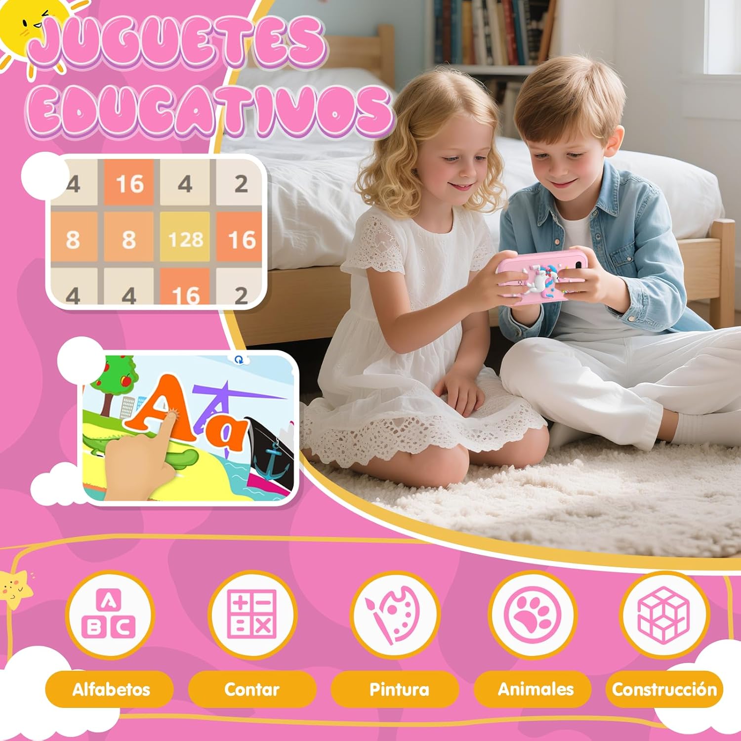 Telephone Enfant, Smartphone Jouets Enfant 3-12 Ans, avec 20 Jeux Éducatifs, MP3 Musique Podomètre Alarme Double Caméra, 8GB Carte SD Incluse - Cadeau Anniversaire/Noël pour Rose