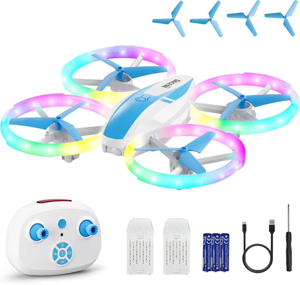 Drone Enfant, Mini Avion Télécommandé avec Lumières LED, 360°Rotation, Décollage en Un clic et 2 Batteries, Idéal Jeux Intérieur et Extérieur, Jouet Cadeau pour Garçons et Filles (Bleu)