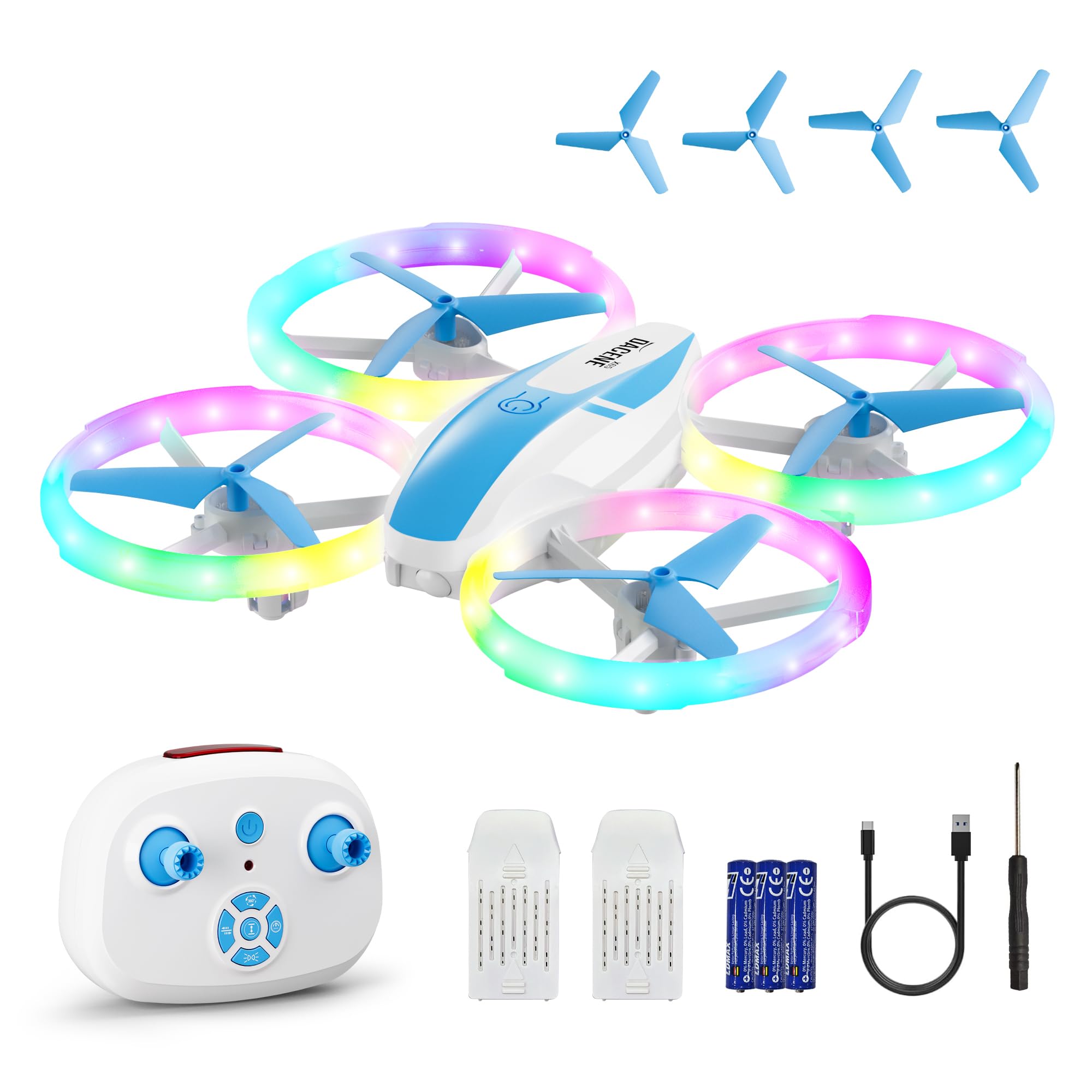 Drone Enfant, Mini Avion Télécommandé avec Lumières LED, 360°Rotation, Décollage en Un clic et 2 Batteries, Idéal Jeux Intérieur et Extérieur, Jouet Cadeau pour Garçons et Filles (Bleu)