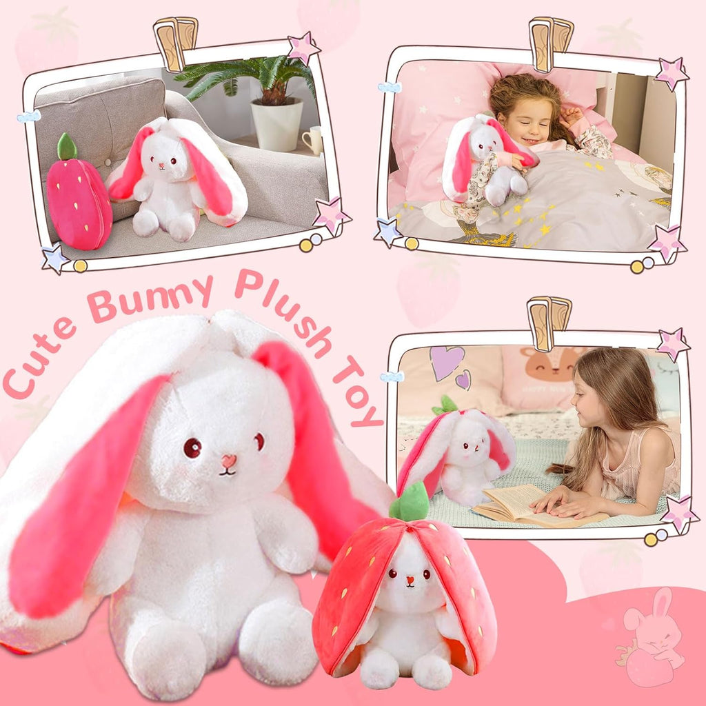 TOGETDREAM Peluche Lapin de Pâques, 25cm Douceur Carottes Fraises Poupée Lapins À Cache-Cache Oreiller en Peluche pour Les Enfants de Plus de 12 Ans (Couleur Rose)