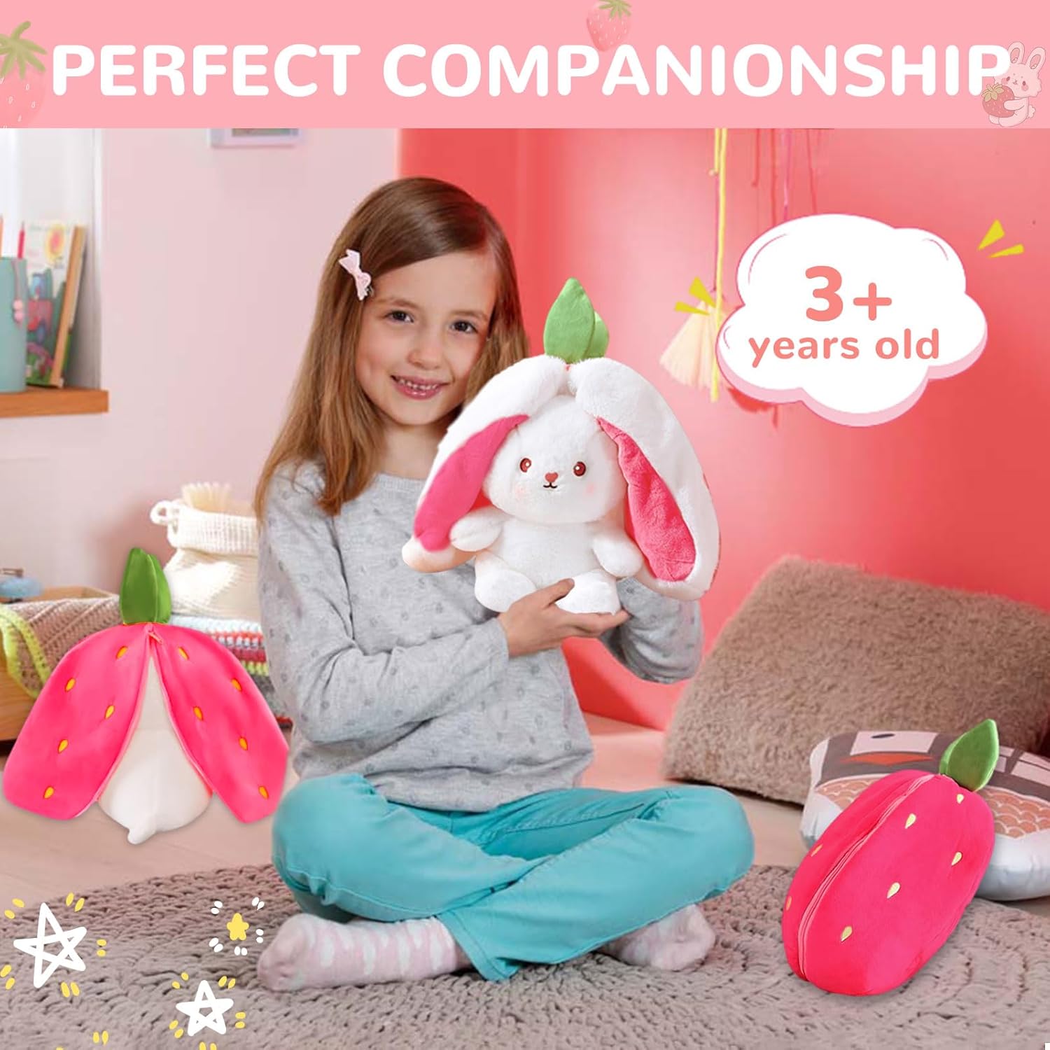 TOGETDREAM Peluche Lapin de Pâques, 25cm Douceur Carottes Fraises Poupée Lapins À Cache-Cache Oreiller en Peluche pour Les Enfants de Plus de 12 Ans (Couleur Rose)
