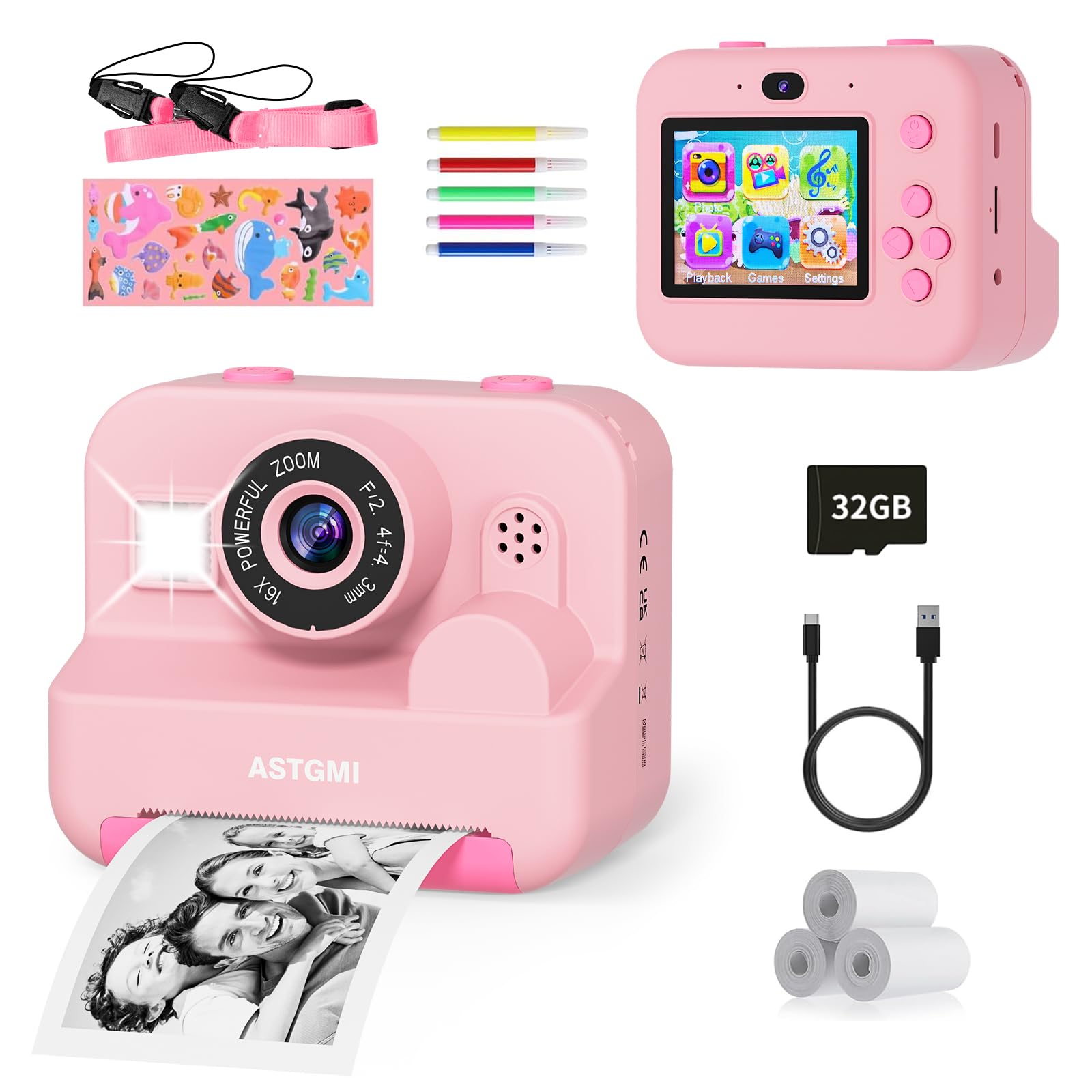 Appareil Photo Enfant, Appareil Photo Instantané 2.4" Écran avec Papier d'impression et Carte 32GB, Mode Video et Selfie, Jouet Cadeau pour Filles Garçons Enfant de 3-14 Ans(Bleu)