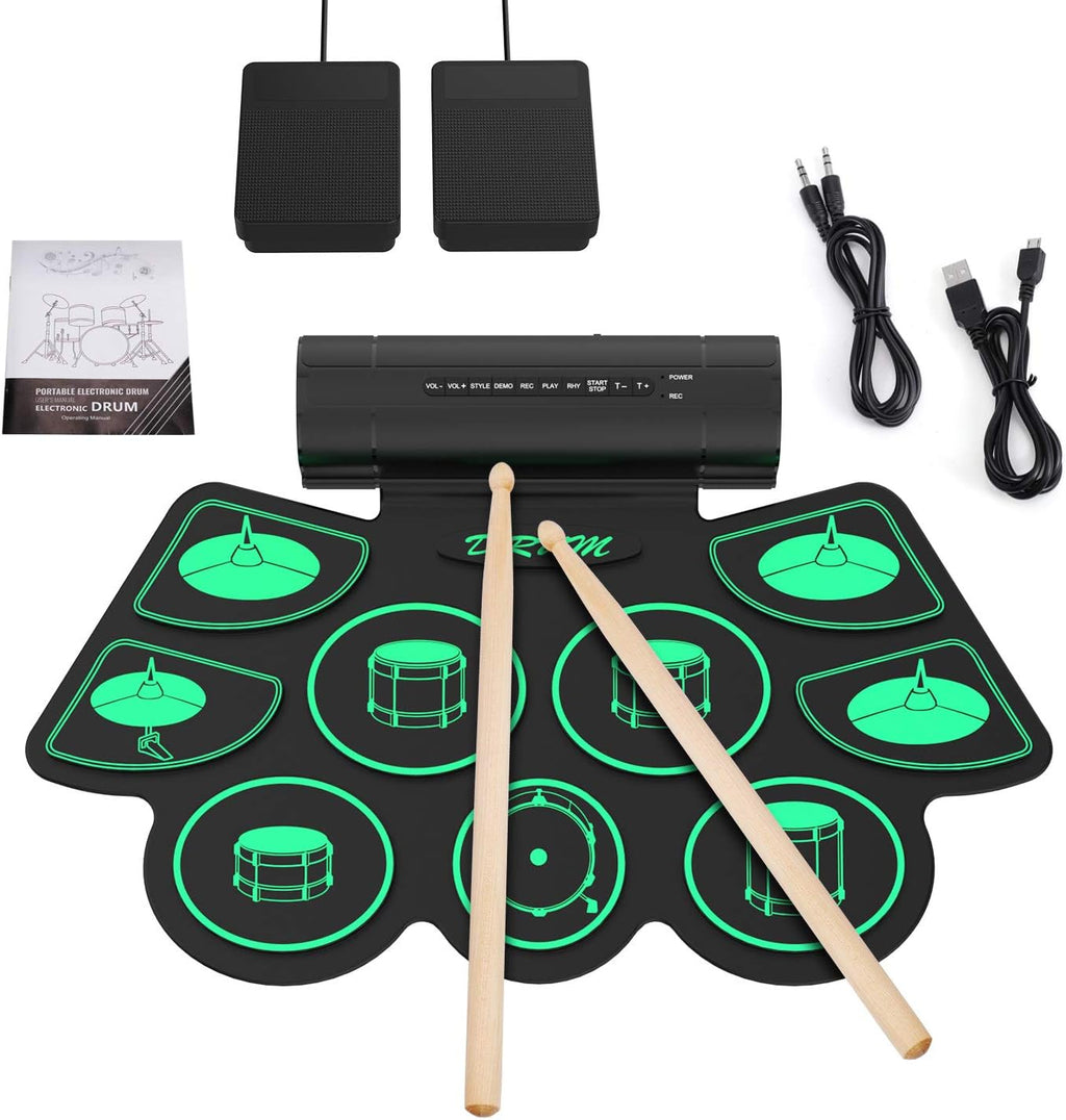 Kit de Batterie Électronique, Uverbon Portable Batterie Musique with 9 Drum Pads Percussions Instruments Haut-Parleur Stéréo Intégré avec Pédale de 2 Pieds pour Enfants et Débutants
