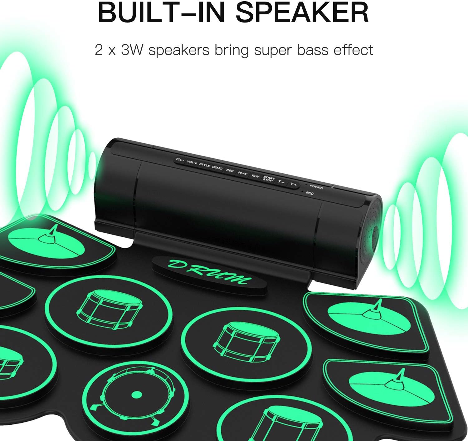 Kit de Batterie Électronique, Uverbon Portable Batterie Musique with 9 Drum Pads Percussions Instruments Haut-Parleur Stéréo Intégré avec Pédale de 2 Pieds pour Enfants et Débutants