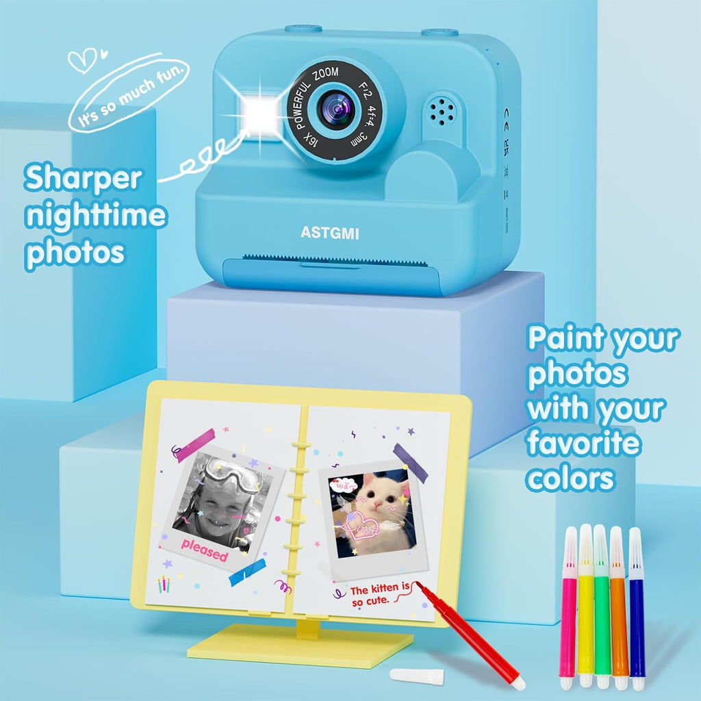 Appareil Photo Enfant, Appareil Photo Instantané 2.4" Écran avec Papier d'impression et Carte 32GB, Mode Video et Selfie, Jouet Cadeau pour Filles Garçons Enfant de 3-14 Ans(Bleu)