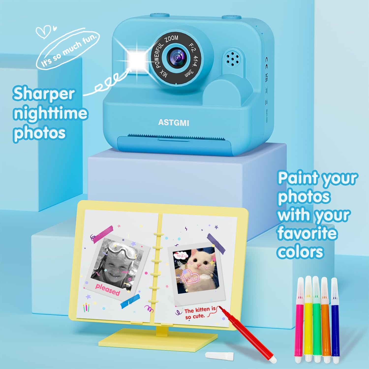 Appareil Photo Enfant, Appareil Photo Instantané 2.4" Écran avec Papier d'impression et Carte 32GB, Mode Video et Selfie, Jouet Cadeau pour Filles Garçons Enfant de 3-14 Ans(Bleu)