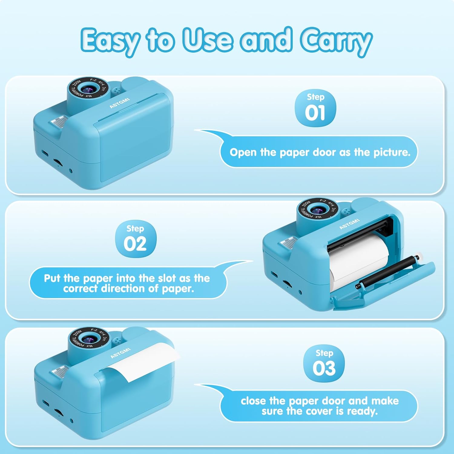 Appareil Photo Enfant, Appareil Photo Instantané 2.4" Écran avec Papier d'impression et Carte 32GB, Mode Video et Selfie, Jouet Cadeau pour Filles Garçons Enfant de 3-14 Ans(Bleu)