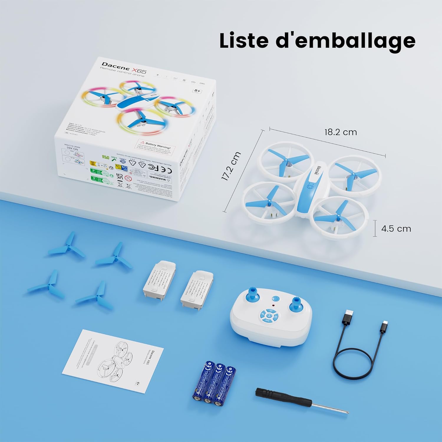 Drone Enfant, Mini Avion Télécommandé avec Lumières LED, 360°Rotation, Décollage en Un clic et 2 Batteries, Idéal Jeux Intérieur et Extérieur, Jouet Cadeau pour Garçons et Filles (Bleu)