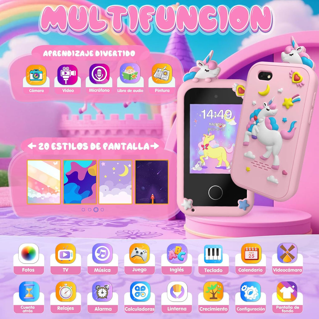 Telephone Enfant, Smartphone Jouets Enfant 3-12 Ans, avec 20 Jeux Éducatifs, MP3 Musique Podomètre Alarme Double Caméra, 8GB Carte SD Incluse - Cadeau Anniversaire/Noël pour Rose