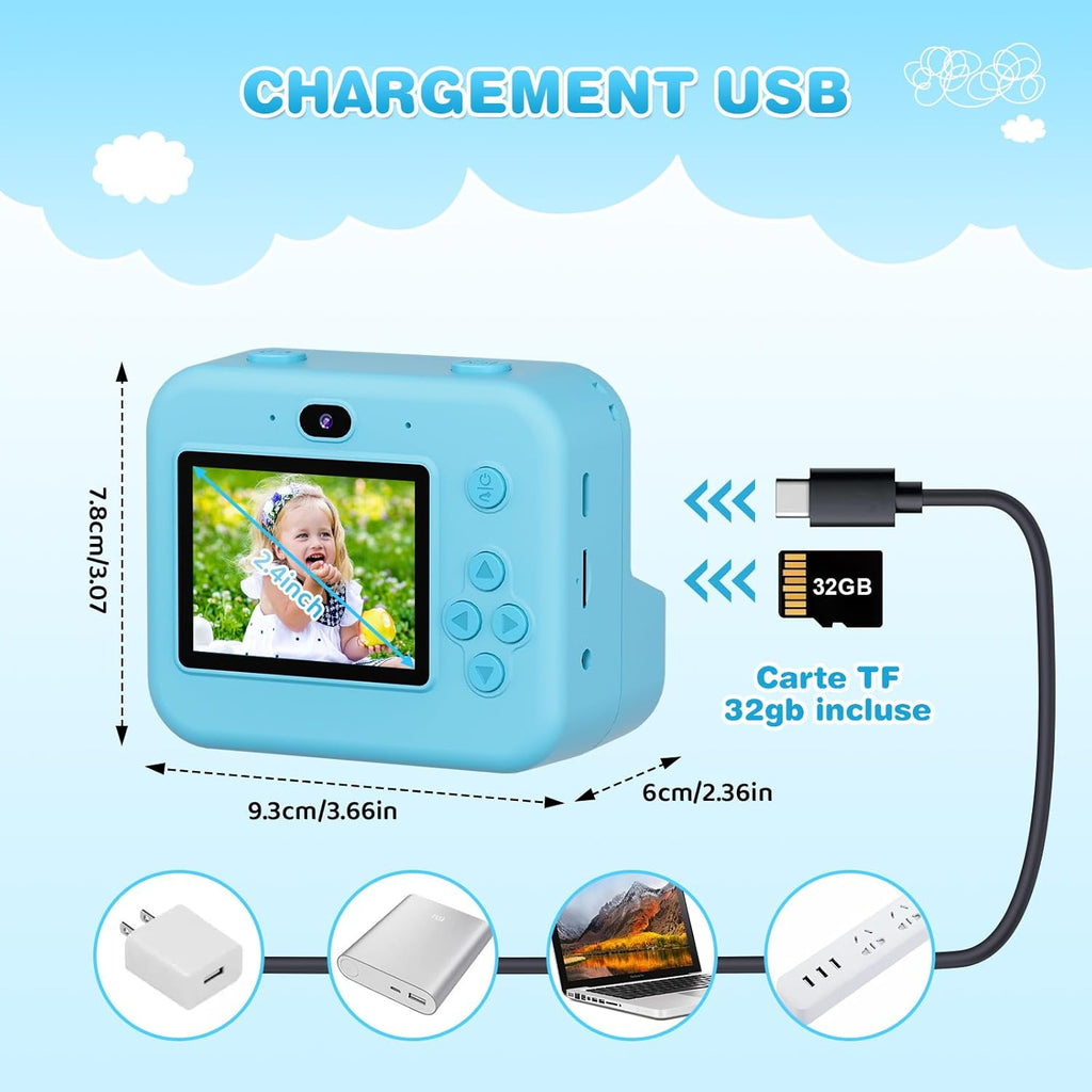 Appareil Photo Enfant, Appareil Photo Instantané 2.4" Écran avec Papier d'impression et Carte 32GB, Mode Video et Selfie, Jouet Cadeau pour Filles Garçons Enfant de 3-14 Ans(Bleu)