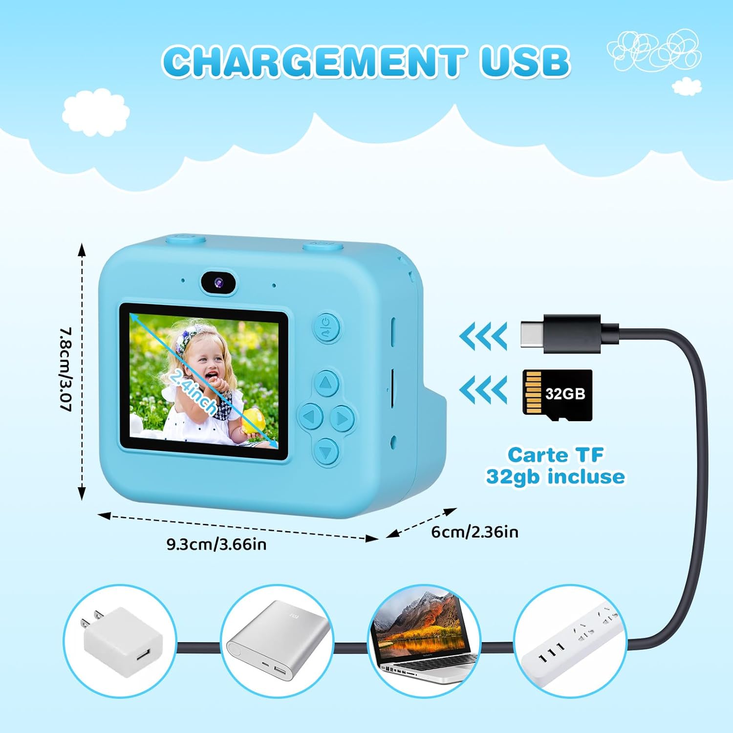 Appareil Photo Enfant, Appareil Photo Instantané 2.4" Écran avec Papier d'impression et Carte 32GB, Mode Video et Selfie, Jouet Cadeau pour Filles Garçons Enfant de 3-14 Ans(Bleu)