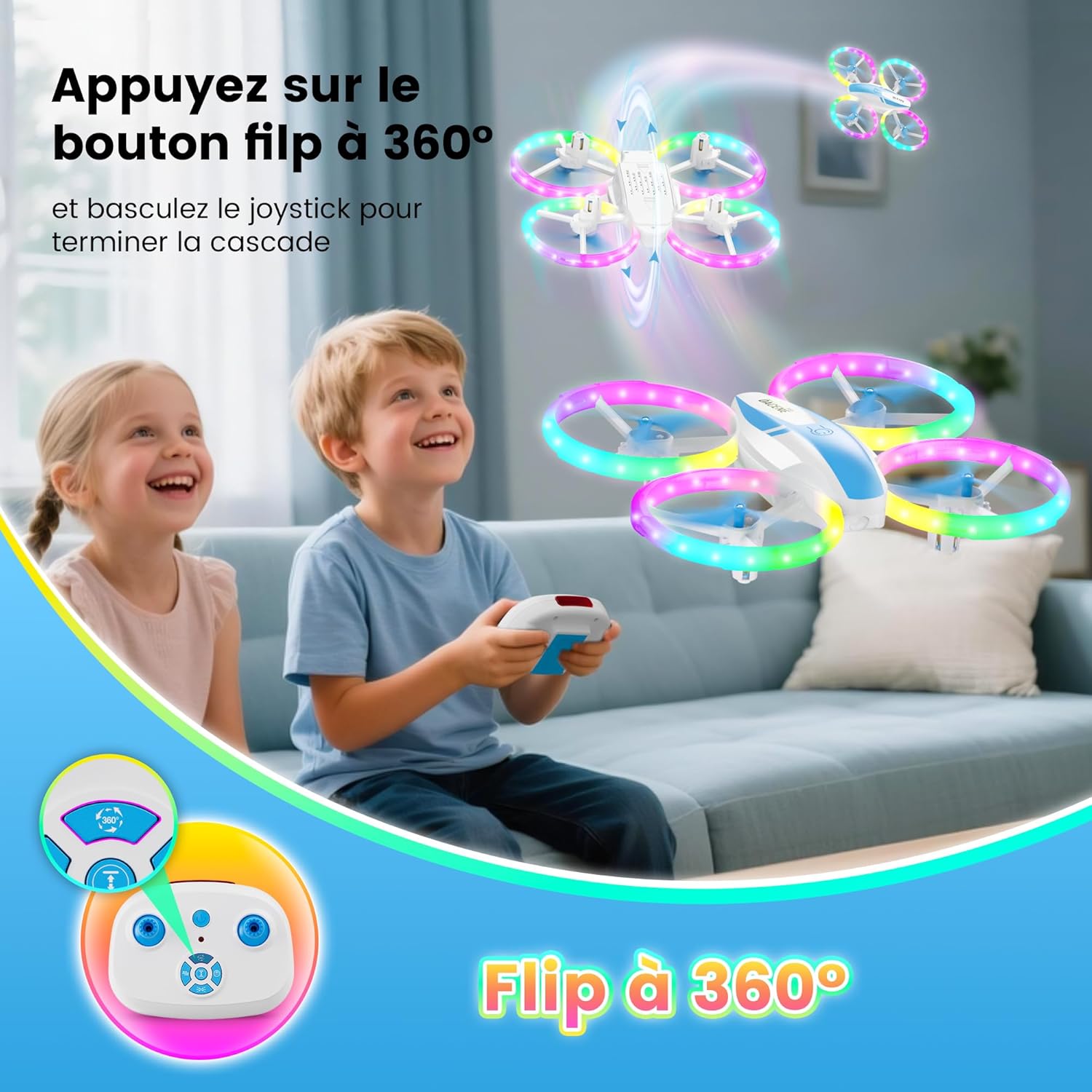 Drone Enfant, Mini Avion Télécommandé avec Lumières LED, 360°Rotation, Décollage en Un clic et 2 Batteries, Idéal Jeux Intérieur et Extérieur, Jouet Cadeau pour Garçons et Filles (Bleu)