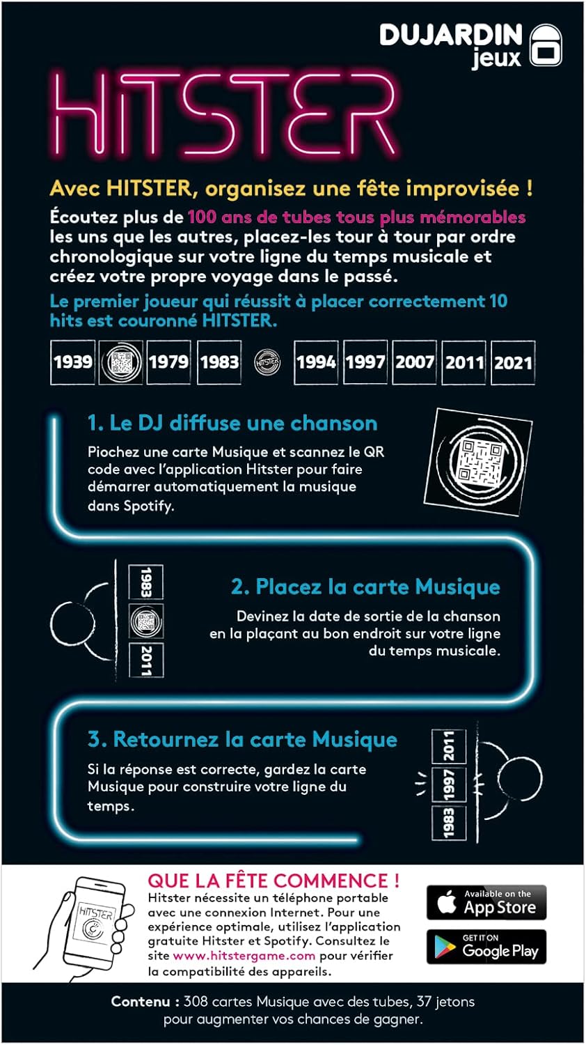 Dujardin – Hitster – Jeu de société et d’ambiance – Jeu adultes – Redécouvrez 100 ans de Hits musicaux – A jouer en famille et entre amis – 2 à 10 joueurs – Dès 16 ans