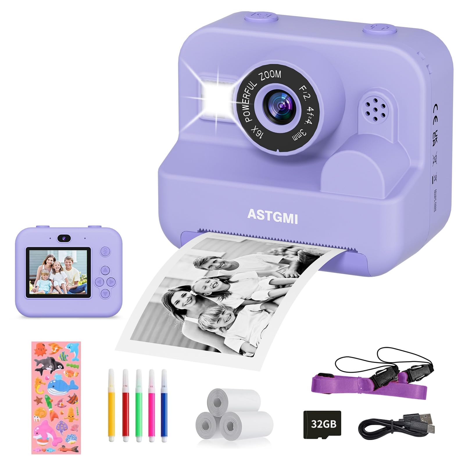 Appareil Photo Enfant, Appareil Photo Instantané 2.4" Écran avec Papier d'impression et Carte 32GB, Mode Video et Selfie, Jouet Cadeau pour Filles Garçons Enfant de 3-14 Ans(Bleu)