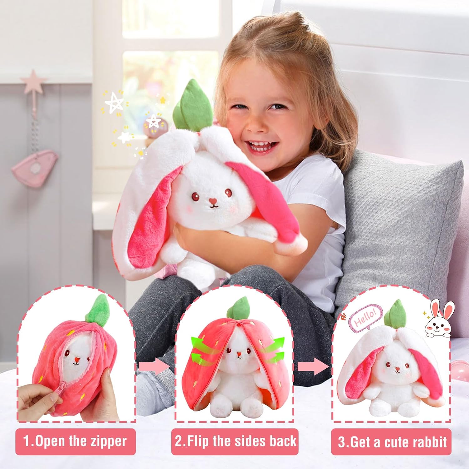 TOGETDREAM Peluche Lapin de Pâques, 25cm Douceur Carottes Fraises Poupée Lapins À Cache-Cache Oreiller en Peluche pour Les Enfants de Plus de 12 Ans (Couleur Rose)