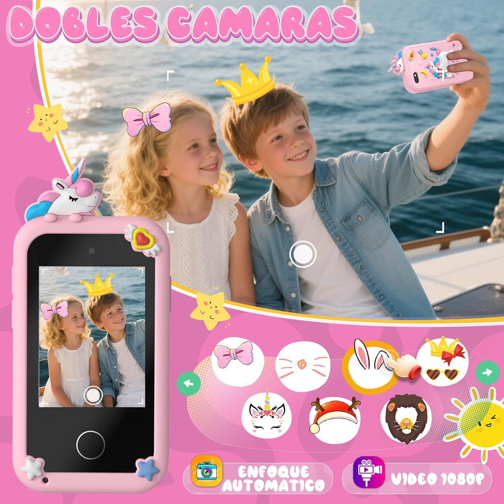 Telephone Enfant, Smartphone Jouets Enfant 3-12 Ans, avec 20 Jeux Éducatifs, MP3 Musique Podomètre Alarme Double Caméra, 8GB Carte SD Incluse - Cadeau Anniversaire/Noël pour Rose