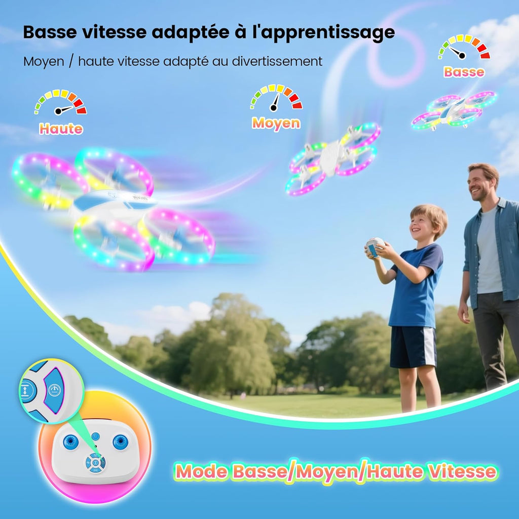 Drone Enfant, Mini Avion Télécommandé avec Lumières LED, 360°Rotation, Décollage en Un clic et 2 Batteries, Idéal Jeux Intérieur et Extérieur, Jouet Cadeau pour Garçons et Filles (Bleu)