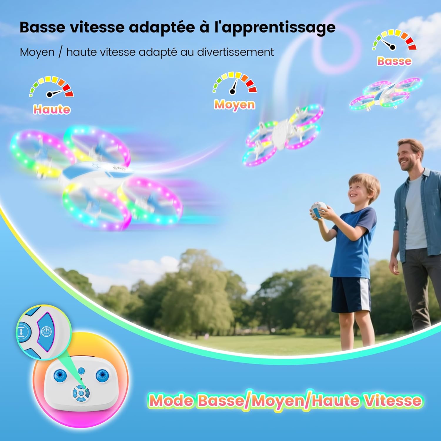 Drone Enfant, Mini Avion Télécommandé avec Lumières LED, 360°Rotation, Décollage en Un clic et 2 Batteries, Idéal Jeux Intérieur et Extérieur, Jouet Cadeau pour Garçons et Filles (Bleu)