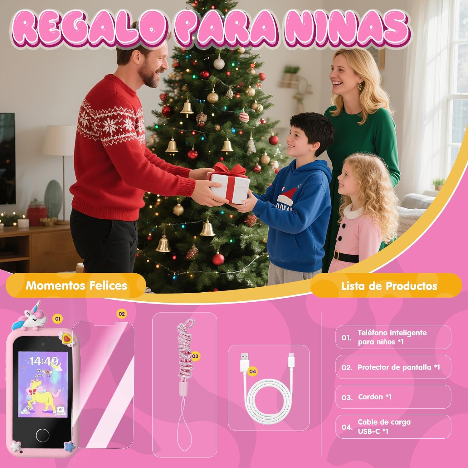 Telephone Enfant, Smartphone Jouets Enfant 3-12 Ans, avec 20 Jeux Éducatifs, MP3 Musique Podomètre Alarme Double Caméra, 8GB Carte SD Incluse - Cadeau Anniversaire/Noël pour Rose