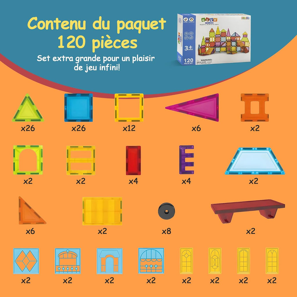 Olvy Blocs Magnétiques Montessori Jouet - 120 Tuiles Magnétiques Enfants - Jouet de Construction Magnétique Dès 3 Ans - Smart Playground Blocs Magnétiques (120 Tuiles Magnétiques)
