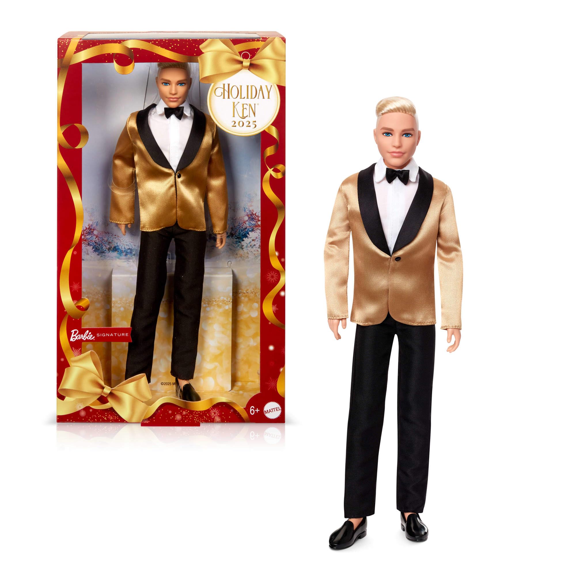 Barbie Poupée Joyeux Noël 2025, poupée Blonde emblématique Portant Une Robe Agent et Or, poupée Collector pour Les fêtes, avec Emballage de présentation et Socle, JBJ00