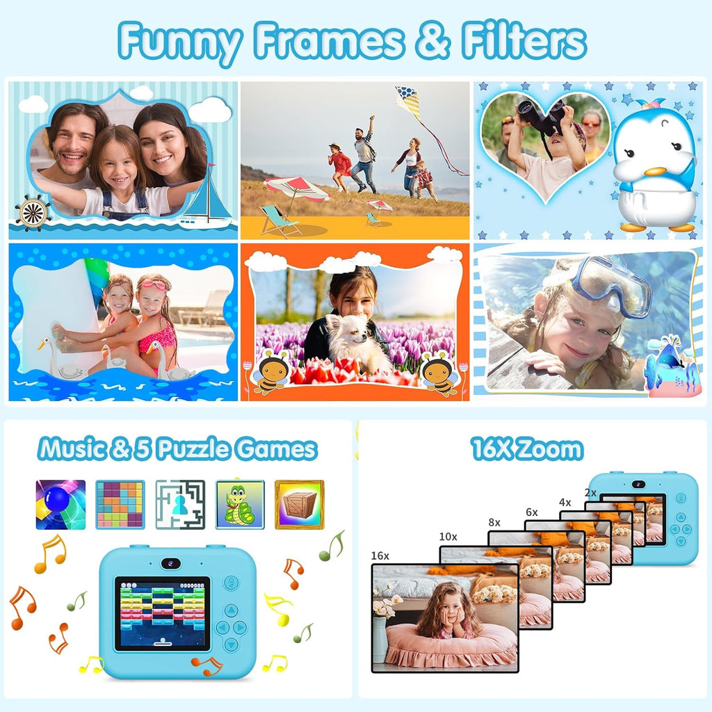 Appareil Photo Enfant, Appareil Photo Instantané 2.4" Écran avec Papier d'impression et Carte 32GB, Mode Video et Selfie, Jouet Cadeau pour Filles Garçons Enfant de 3-14 Ans(Bleu)