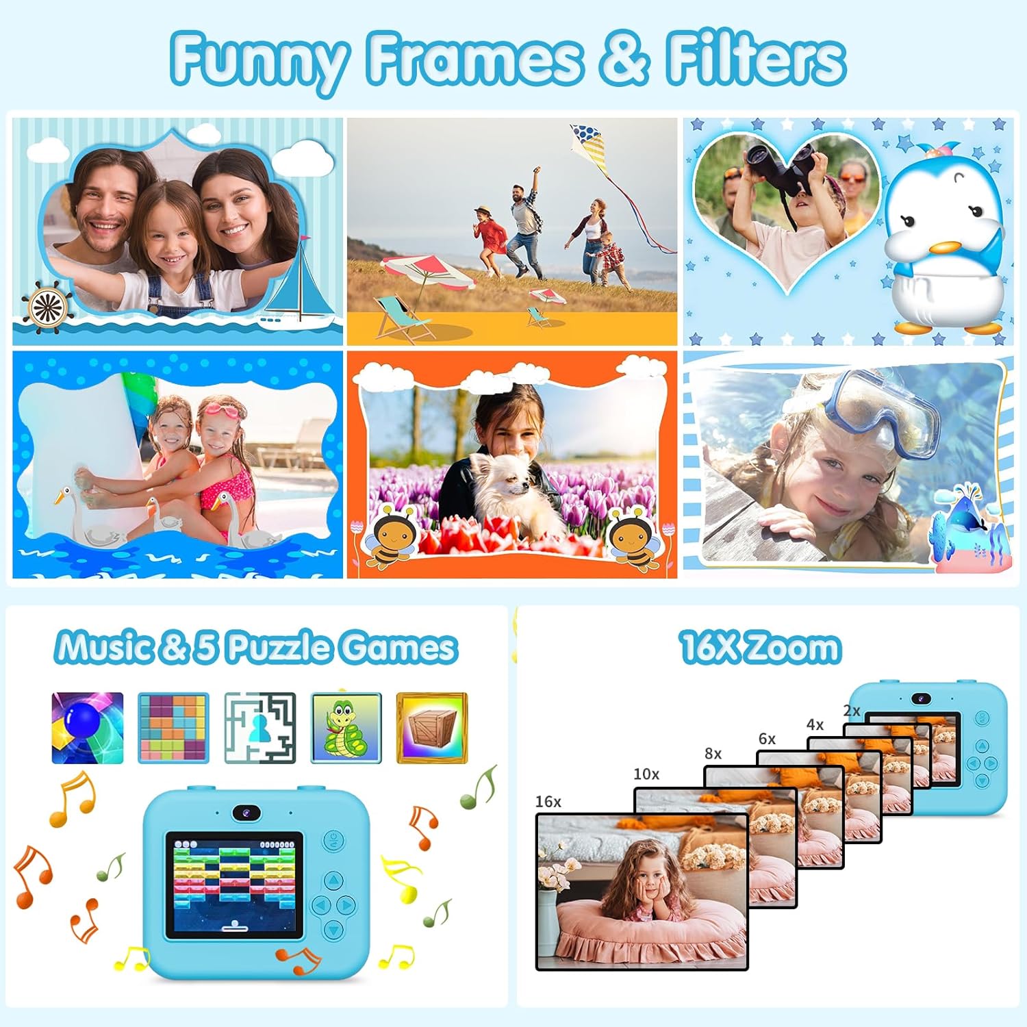 Appareil Photo Enfant, Appareil Photo Instantané 2.4" Écran avec Papier d'impression et Carte 32GB, Mode Video et Selfie, Jouet Cadeau pour Filles Garçons Enfant de 3-14 Ans(Bleu)