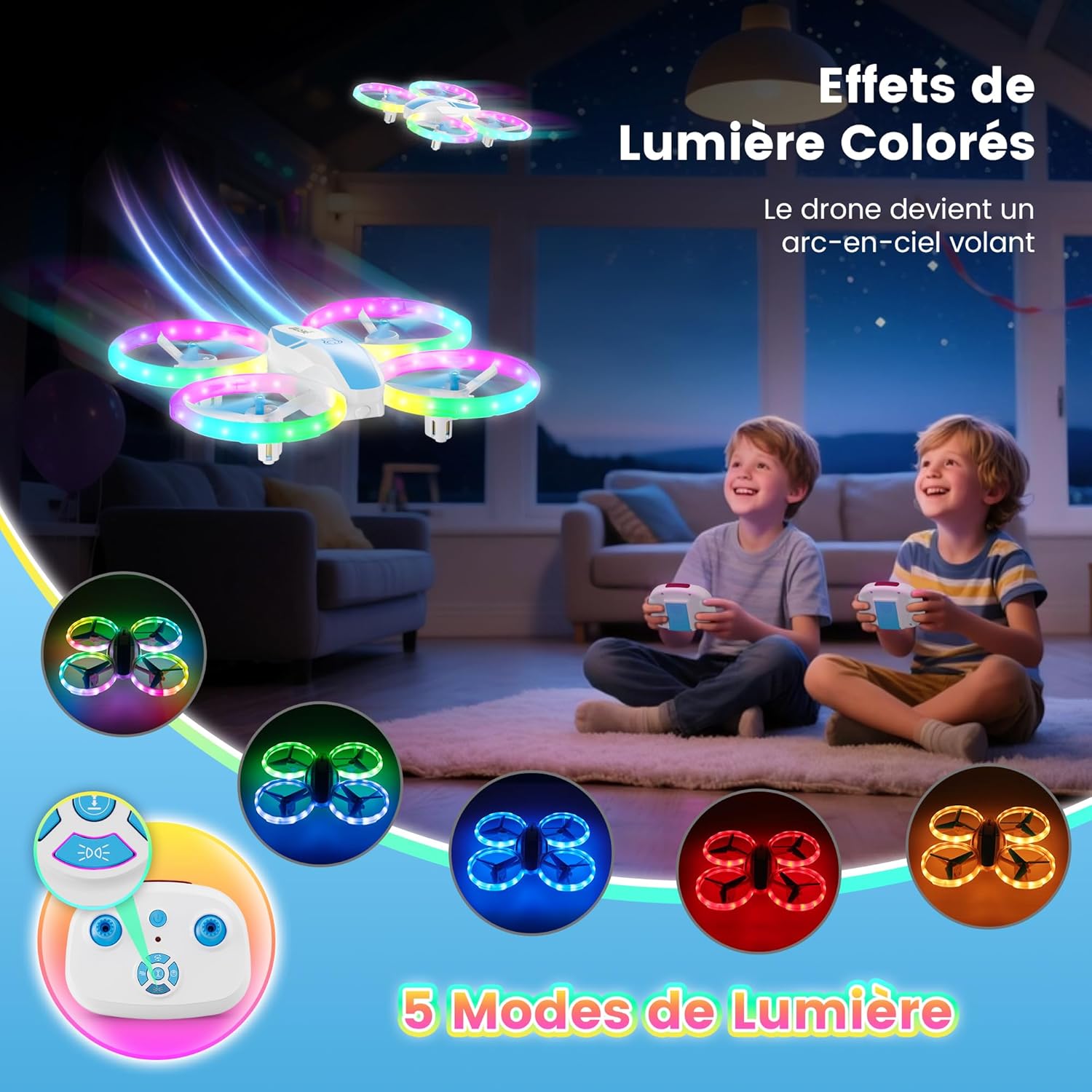 Drone Enfant, Mini Avion Télécommandé avec Lumières LED, 360°Rotation, Décollage en Un clic et 2 Batteries, Idéal Jeux Intérieur et Extérieur, Jouet Cadeau pour Garçons et Filles (Bleu)