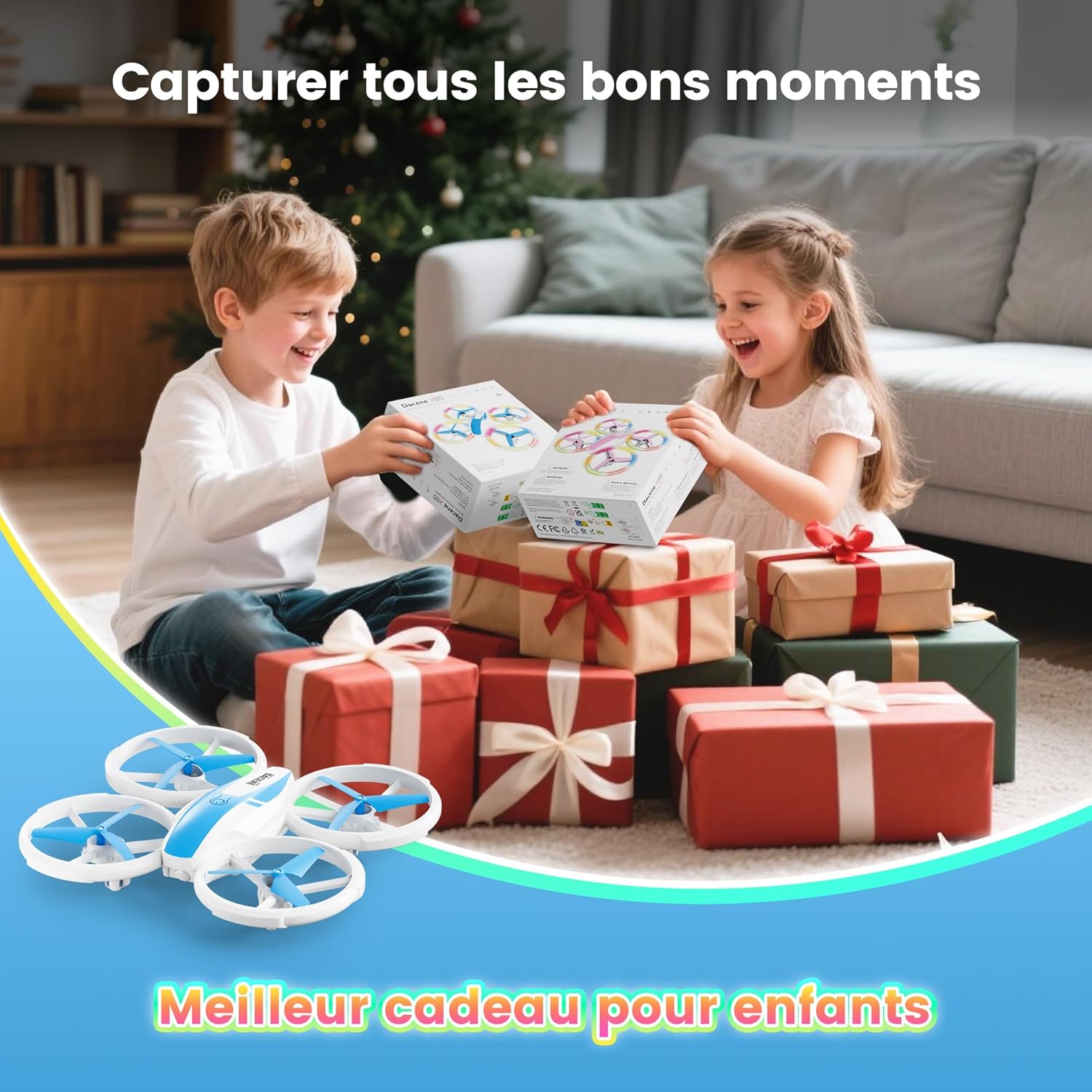 Drone Enfant, Mini Avion Télécommandé avec Lumières LED, 360°Rotation, Décollage en Un clic et 2 Batteries, Idéal Jeux Intérieur et Extérieur, Jouet Cadeau pour Garçons et Filles (Bleu)