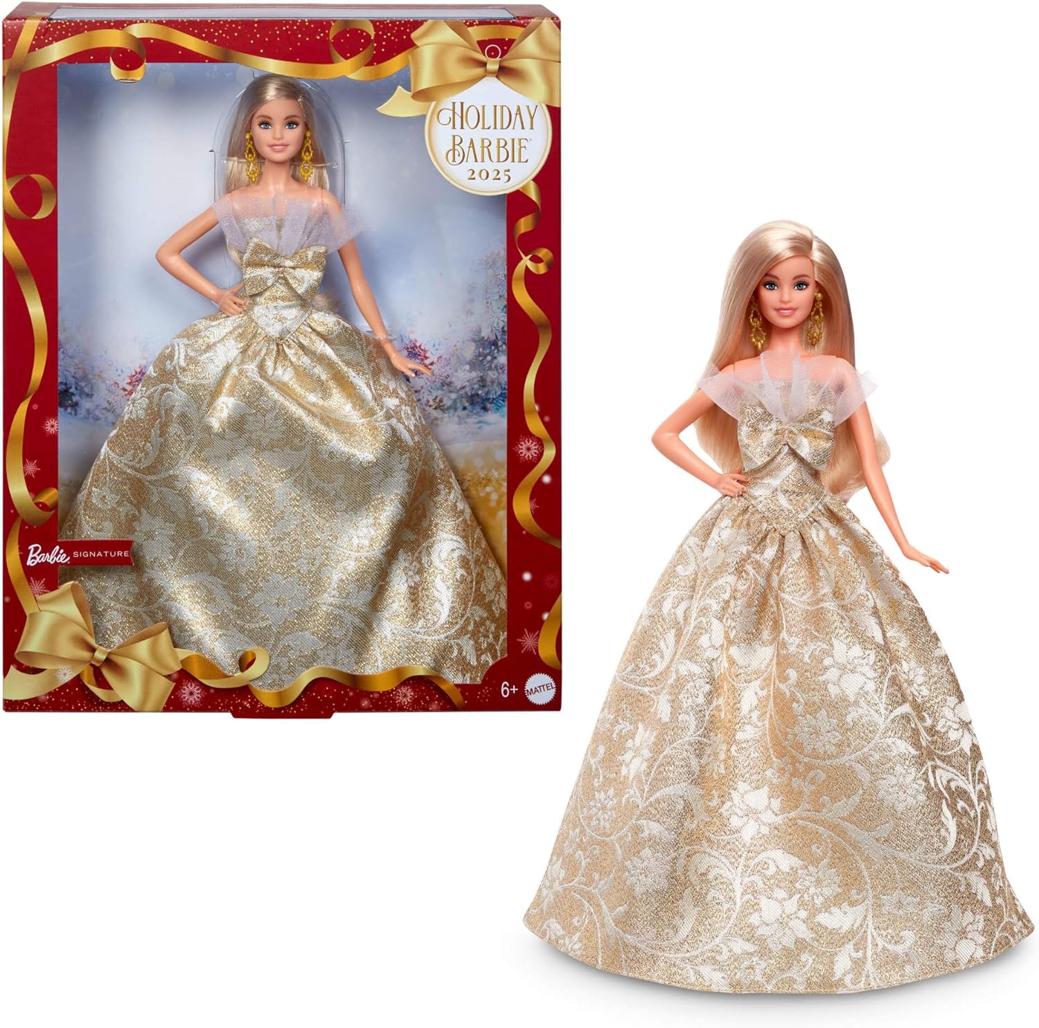 Barbie Poupée Joyeux Noël 2025, poupée Blonde emblématique Portant Une Robe Agent et Or, poupée Collector pour Les fêtes, avec Emballage de présentation et Socle, JBJ00