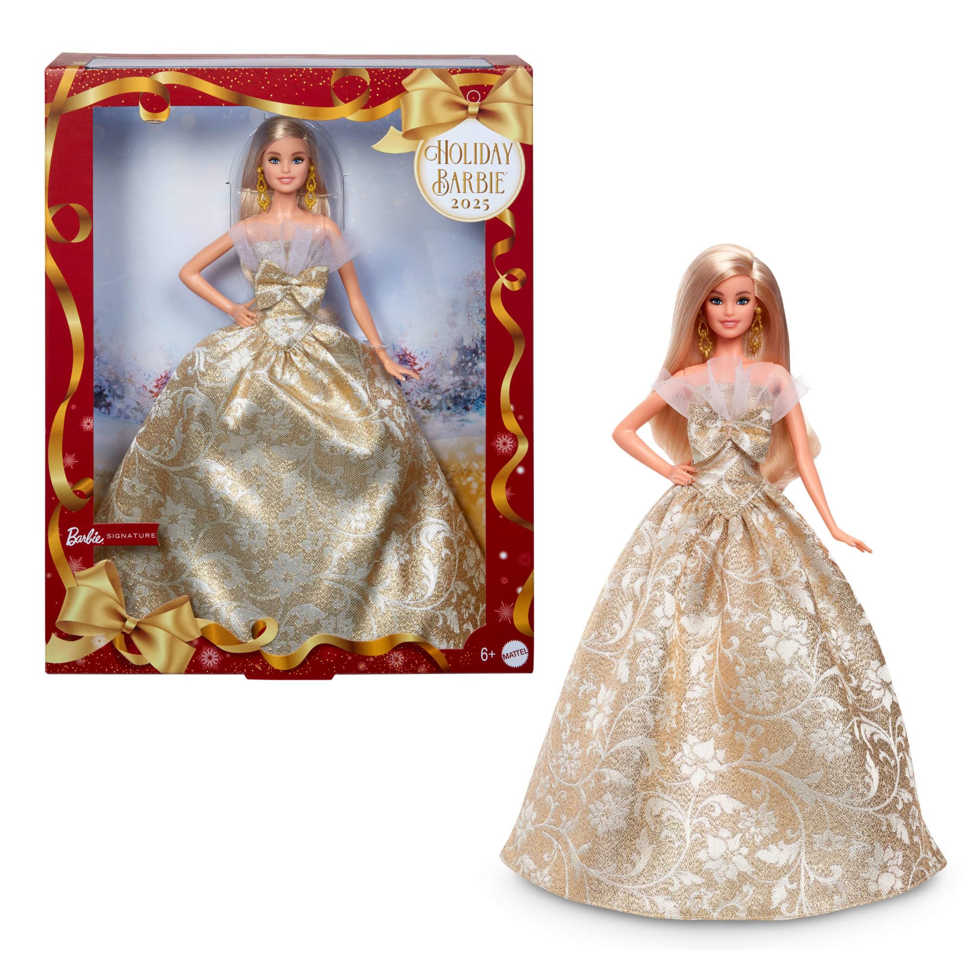 Barbie Poupée Joyeux Noël 2025, poupée Blonde emblématique Portant Une Robe Agent et Or, poupée Collector pour Les fêtes, avec Emballage de présentation et Socle, JBJ00