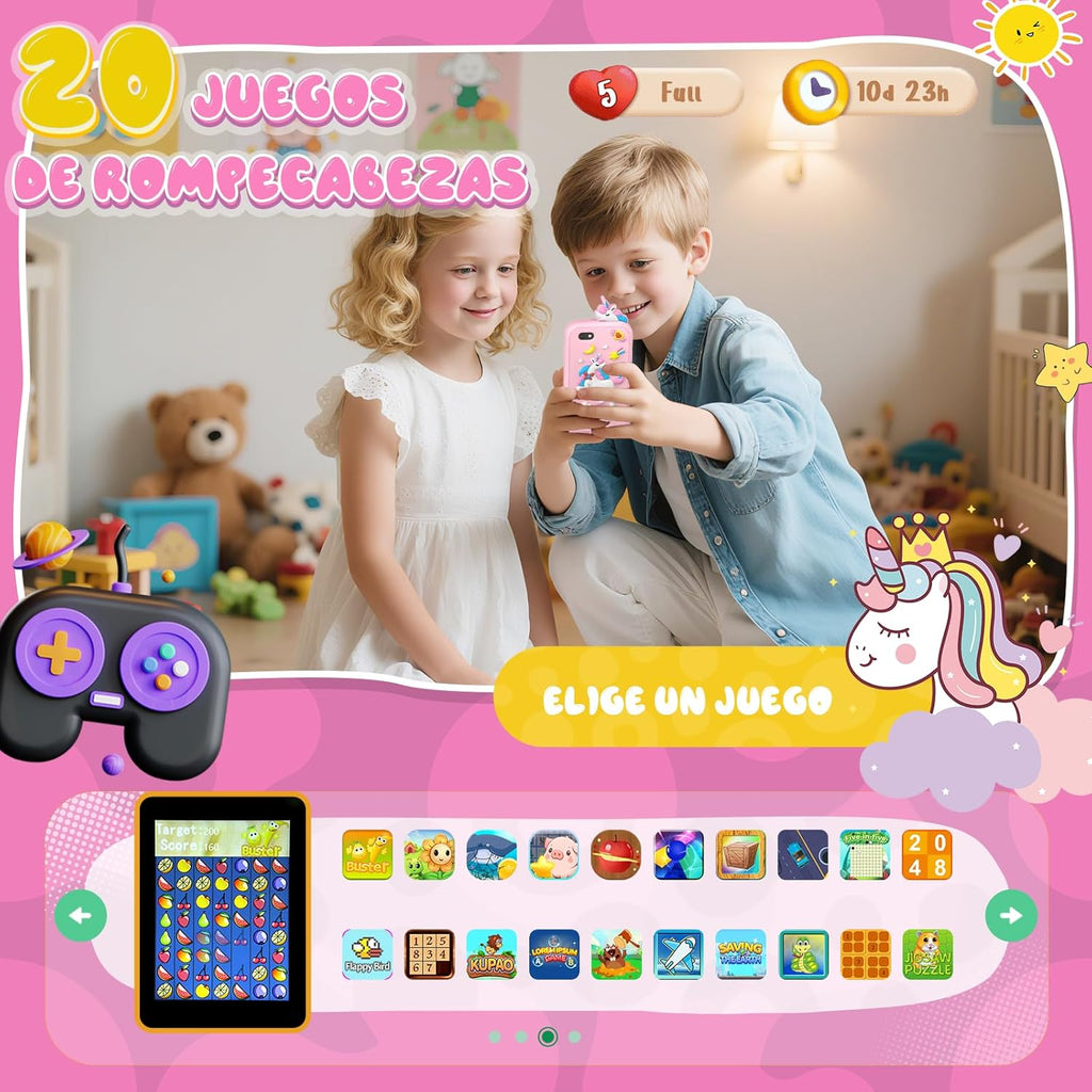 Telephone Enfant, Smartphone Jouets Enfant 3-12 Ans, avec 20 Jeux Éducatifs, MP3 Musique Podomètre Alarme Double Caméra, 8GB Carte SD Incluse - Cadeau Anniversaire/Noël pour Rose