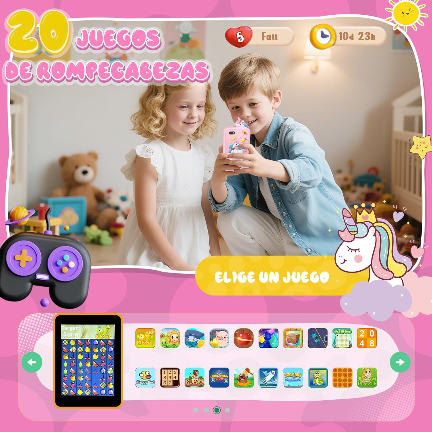 Telephone Enfant, Smartphone Jouets Enfant 3-12 Ans, avec 20 Jeux Éducatifs, MP3 Musique Podomètre Alarme Double Caméra, 8GB Carte SD Incluse - Cadeau Anniversaire/Noël pour Rose