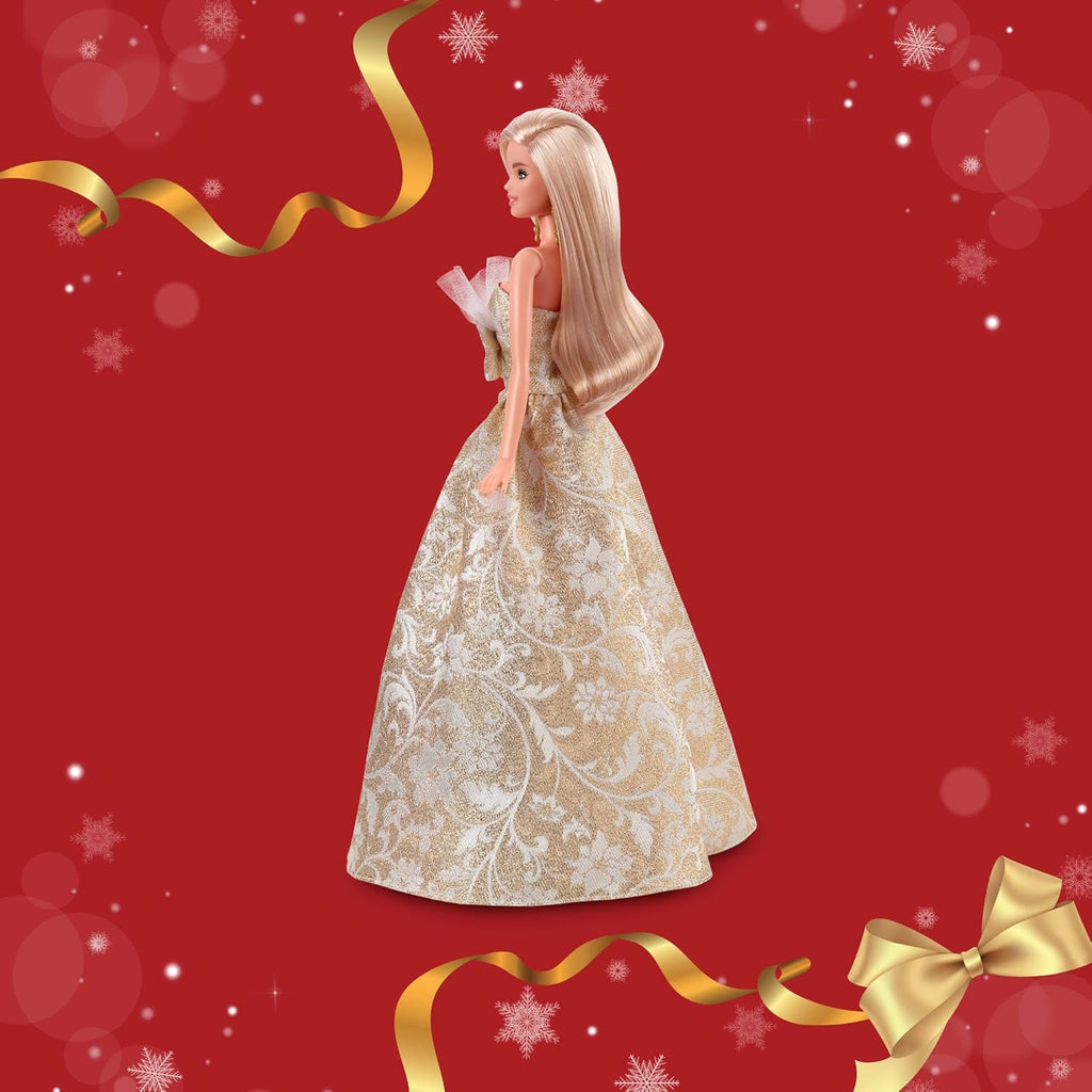 Barbie Poupée Joyeux Noël 2025, poupée Blonde emblématique Portant Une Robe Agent et Or, poupée Collector pour Les fêtes, avec Emballage de présentation et Socle, JBJ00