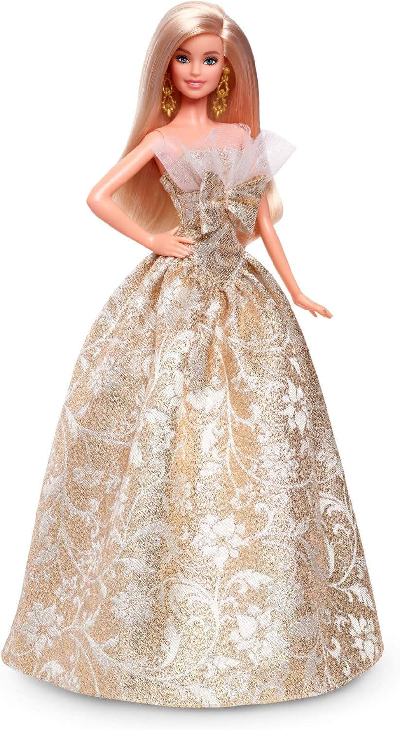 Barbie Poupée Joyeux Noël 2025, poupée Blonde emblématique Portant Une Robe Agent et Or, poupée Collector pour Les fêtes, avec Emballage de présentation et Socle, JBJ00