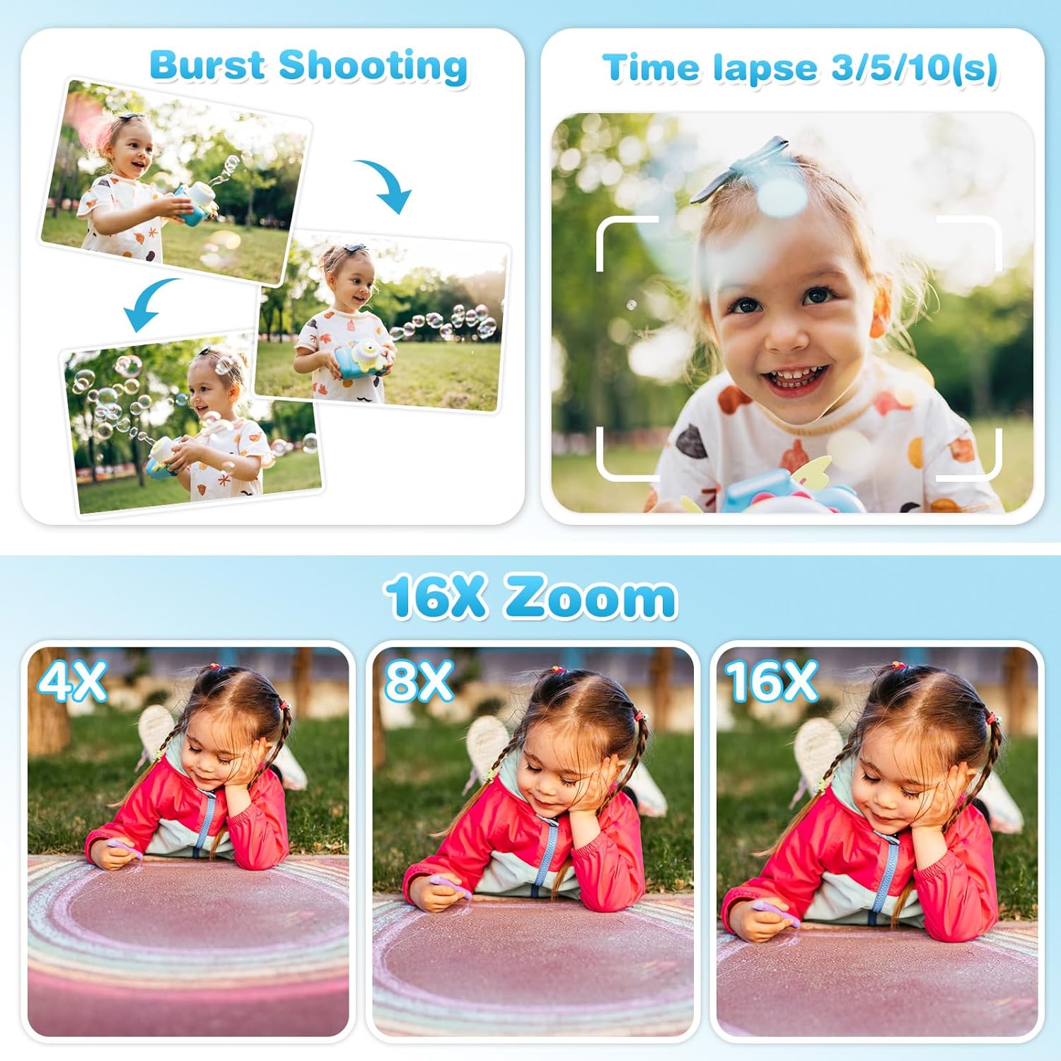 Appareil Photo Enfant, Appareil Photo Instantané 2.4" Écran avec Papier d'impression et Carte 32GB, Mode Video et Selfie, Jouet Cadeau pour Filles Garçons Enfant de 3-14 Ans(Bleu)
