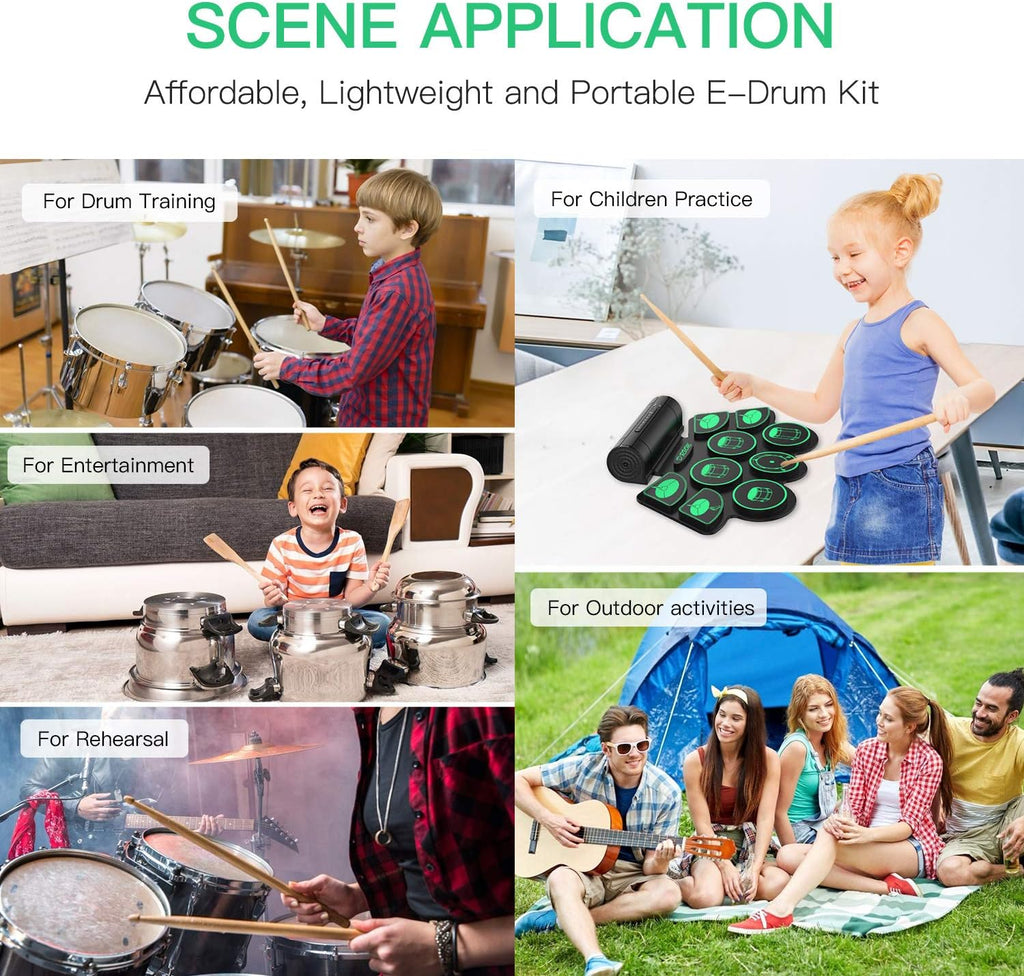 Kit de Batterie Électronique, Uverbon Portable Batterie Musique with 9 Drum Pads Percussions Instruments Haut-Parleur Stéréo Intégré avec Pédale de 2 Pieds pour Enfants et Débutants