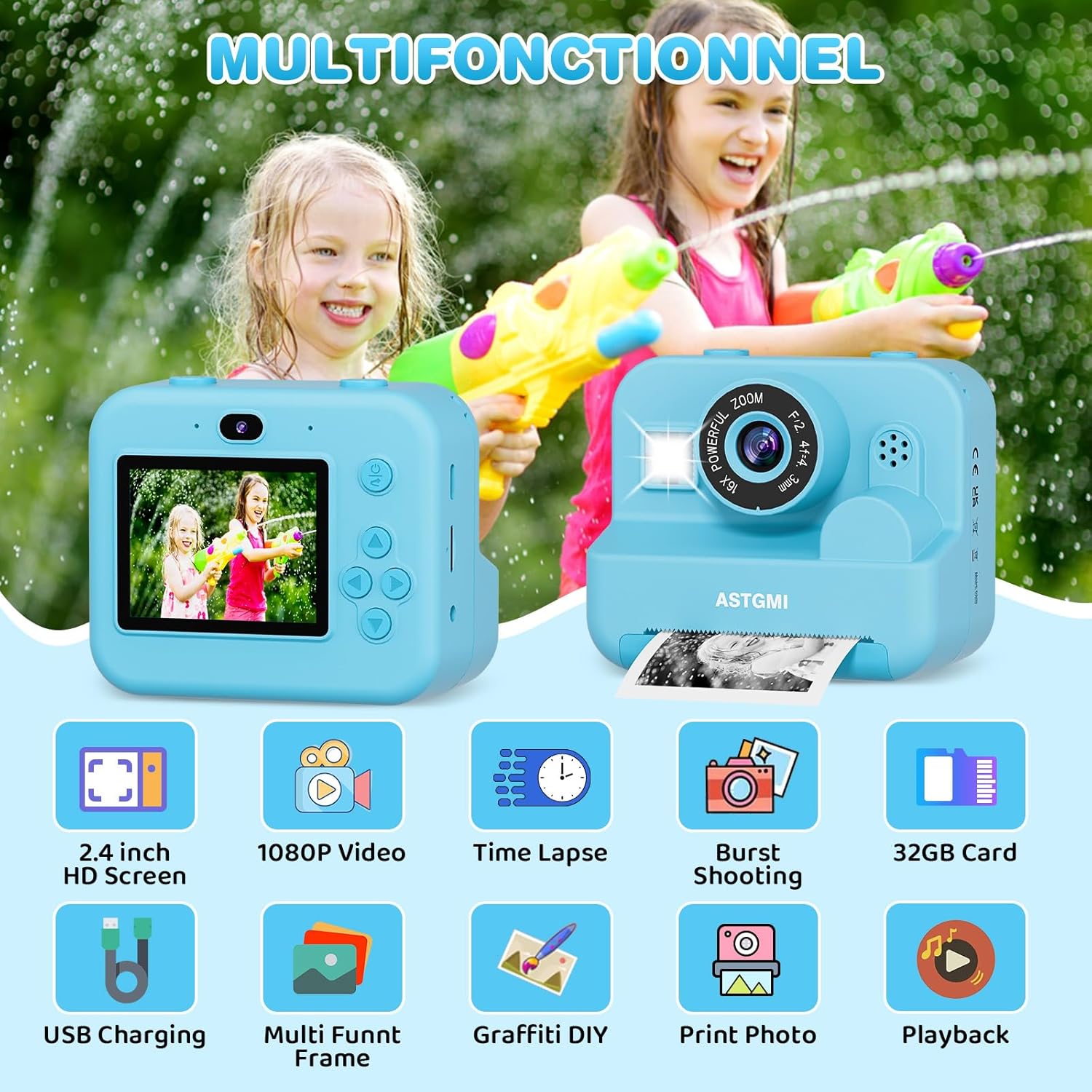 Appareil Photo Enfant, Appareil Photo Instantané 2.4" Écran avec Papier d'impression et Carte 32GB, Mode Video et Selfie, Jouet Cadeau pour Filles Garçons Enfant de 3-14 Ans(Bleu)