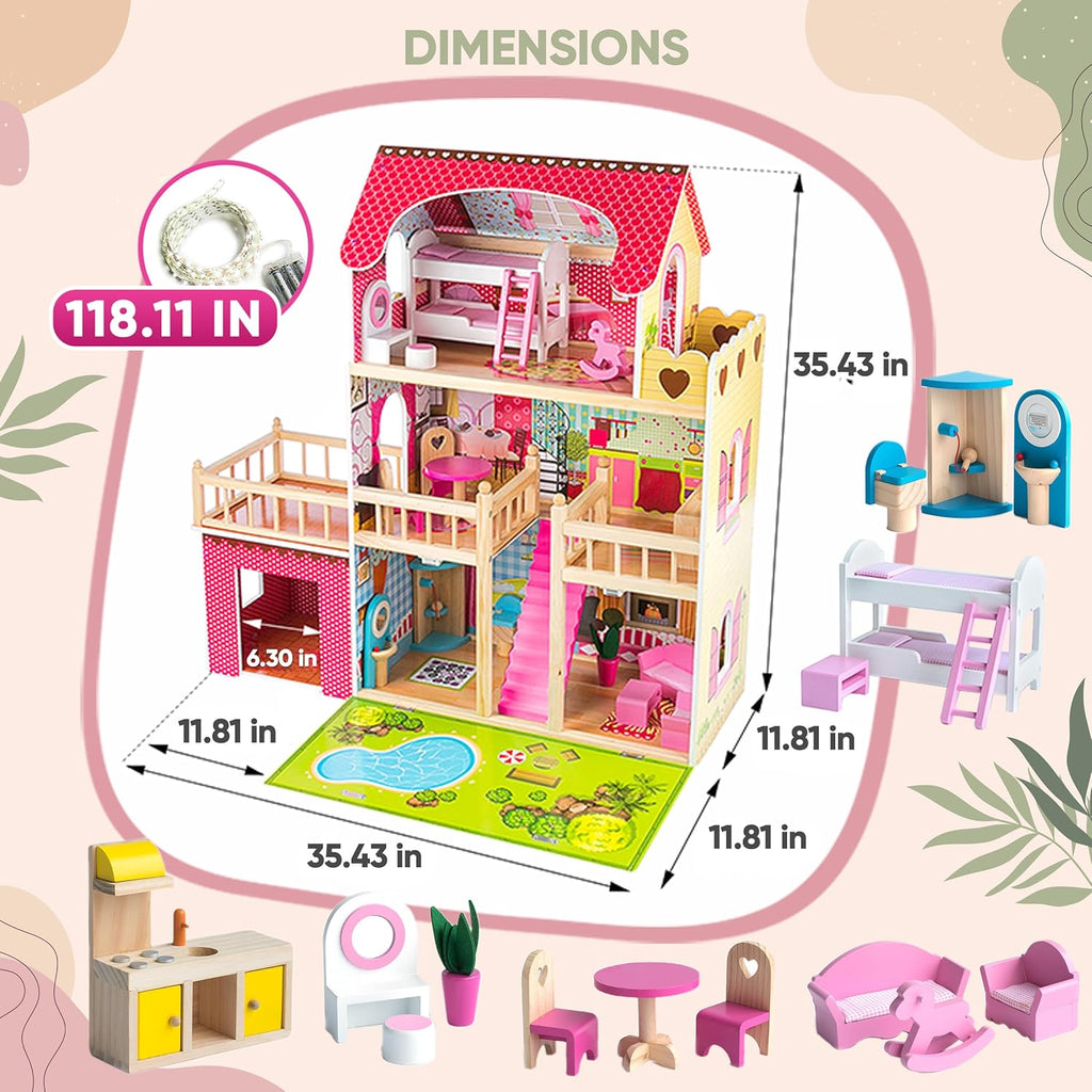 Green Series Kinderplay Maison de Poupée en Bois - Grande Maison de Poupée XXL pour Enfants dès 3 Ans | Maison Bois Idéal pour Filles et Garçons 3 Étages, Lumières LED Accessoires Inclus Maison Poupee