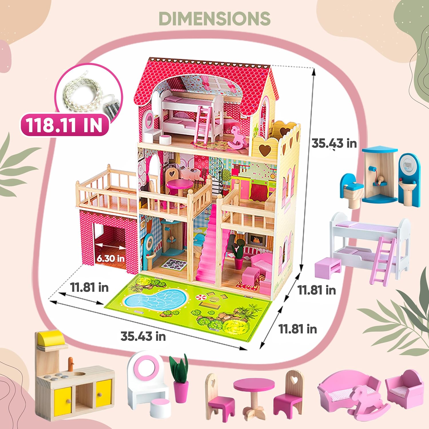 Green Series Kinderplay Maison de Poupée en Bois - Grande Maison de Poupée XXL pour Enfants dès 3 Ans | Maison Bois Idéal pour Filles et Garçons 3 Étages, Lumières LED Accessoires Inclus Maison Poupee