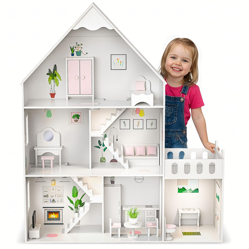 Green Series Kinderplay Maison de Poupée en Bois - Grande Maison de Poupée XXL pour Enfants dès 3 Ans | Maison Bois Idéal pour Filles et Garçons 3 Étages, Lumières LED Accessoires Inclus Maison Poupee