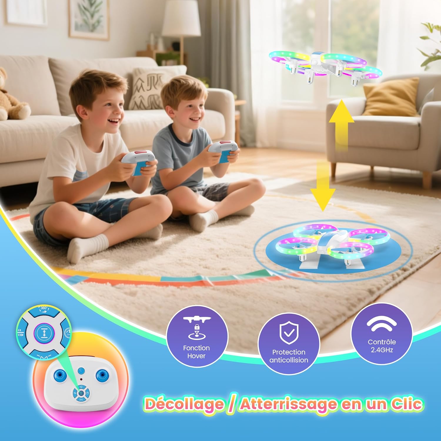 Drone Enfant, Mini Avion Télécommandé avec Lumières LED, 360°Rotation, Décollage en Un clic et 2 Batteries, Idéal Jeux Intérieur et Extérieur, Jouet Cadeau pour Garçons et Filles (Bleu)