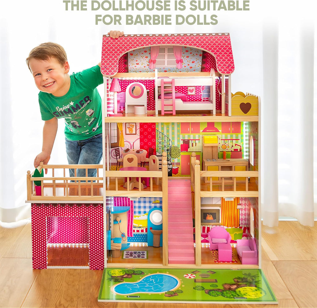 Green Series Kinderplay Maison de Poupée en Bois - Grande Maison de Poupée XXL pour Enfants dès 3 Ans | Maison Bois Idéal pour Filles et Garçons 3 Étages, Lumières LED Accessoires Inclus Maison Poupee