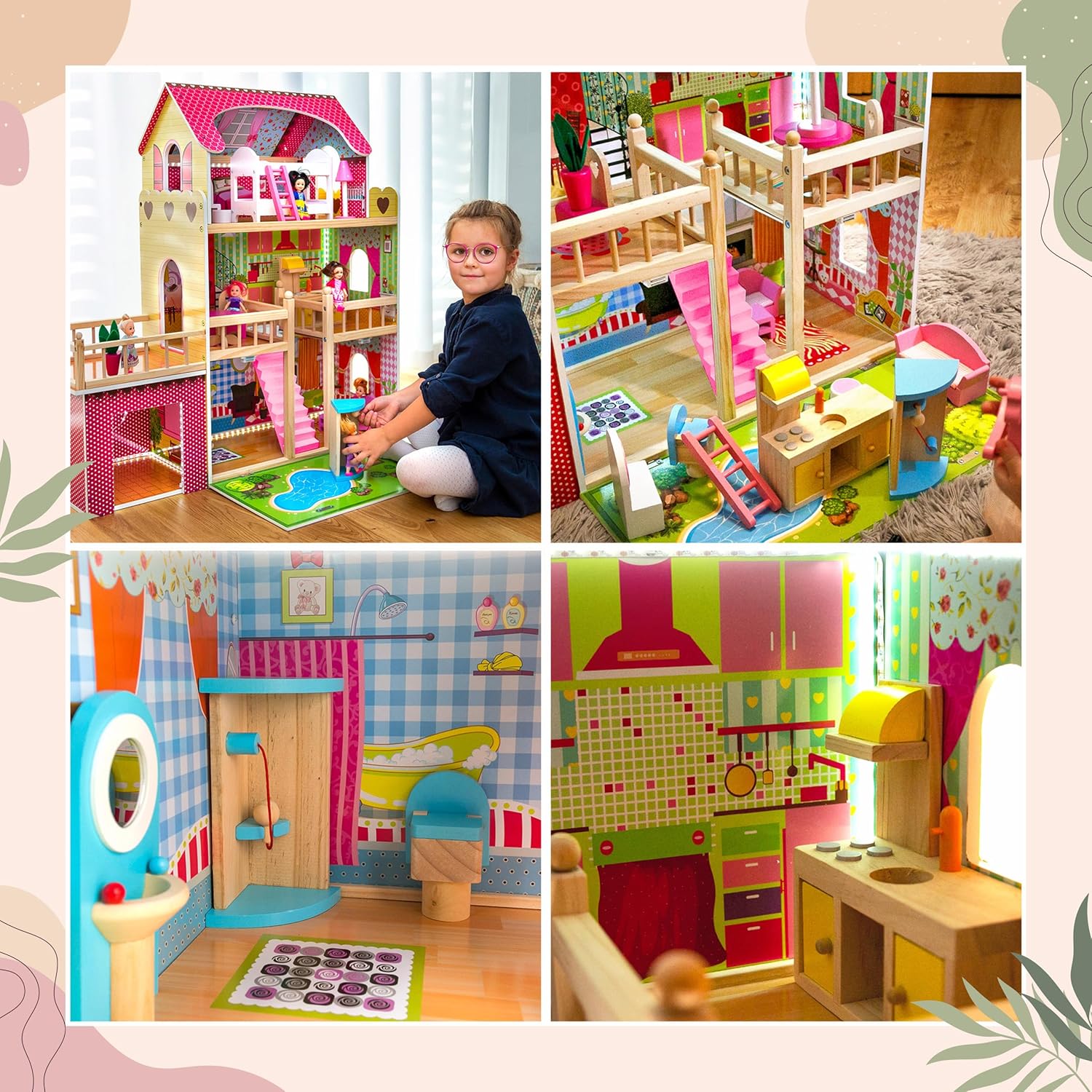 Green Series Kinderplay Maison de Poupée en Bois - Grande Maison de Poupée XXL pour Enfants dès 3 Ans | Maison Bois Idéal pour Filles et Garçons 3 Étages, Lumières LED Accessoires Inclus Maison Poupee