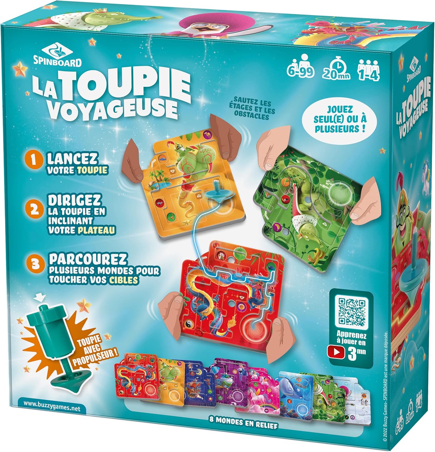 LA TOUPIE VOYAGEUSE - Jeu de société Enfants - Jeu 6 Ans - toupie - Jeu de société Famille - Défis/Missions - dextérité et adresse -Buzzy Games