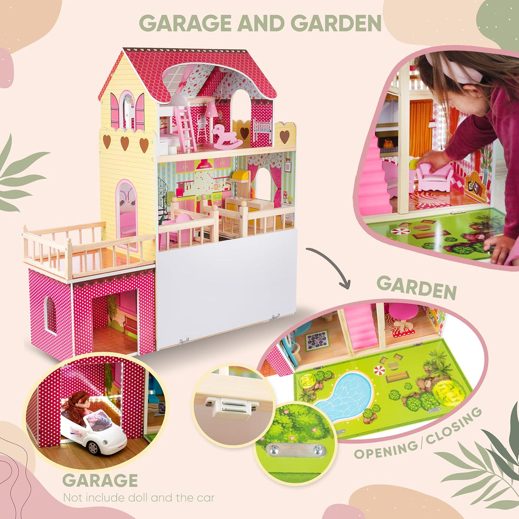 Green Series Kinderplay Maison de Poupée en Bois - Grande Maison de Poupée XXL pour Enfants dès 3 Ans | Maison Bois Idéal pour Filles et Garçons 3 Étages, Lumières LED Accessoires Inclus Maison Poupee
