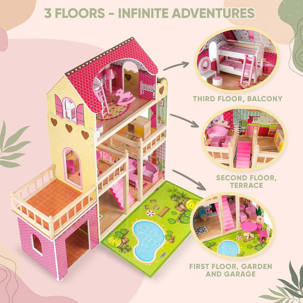 Green Series Kinderplay Maison de Poupée en Bois - Grande Maison de Poupée XXL pour Enfants dès 3 Ans | Maison Bois Idéal pour Filles et Garçons 3 Étages, Lumières LED Accessoires Inclus Maison Poupee