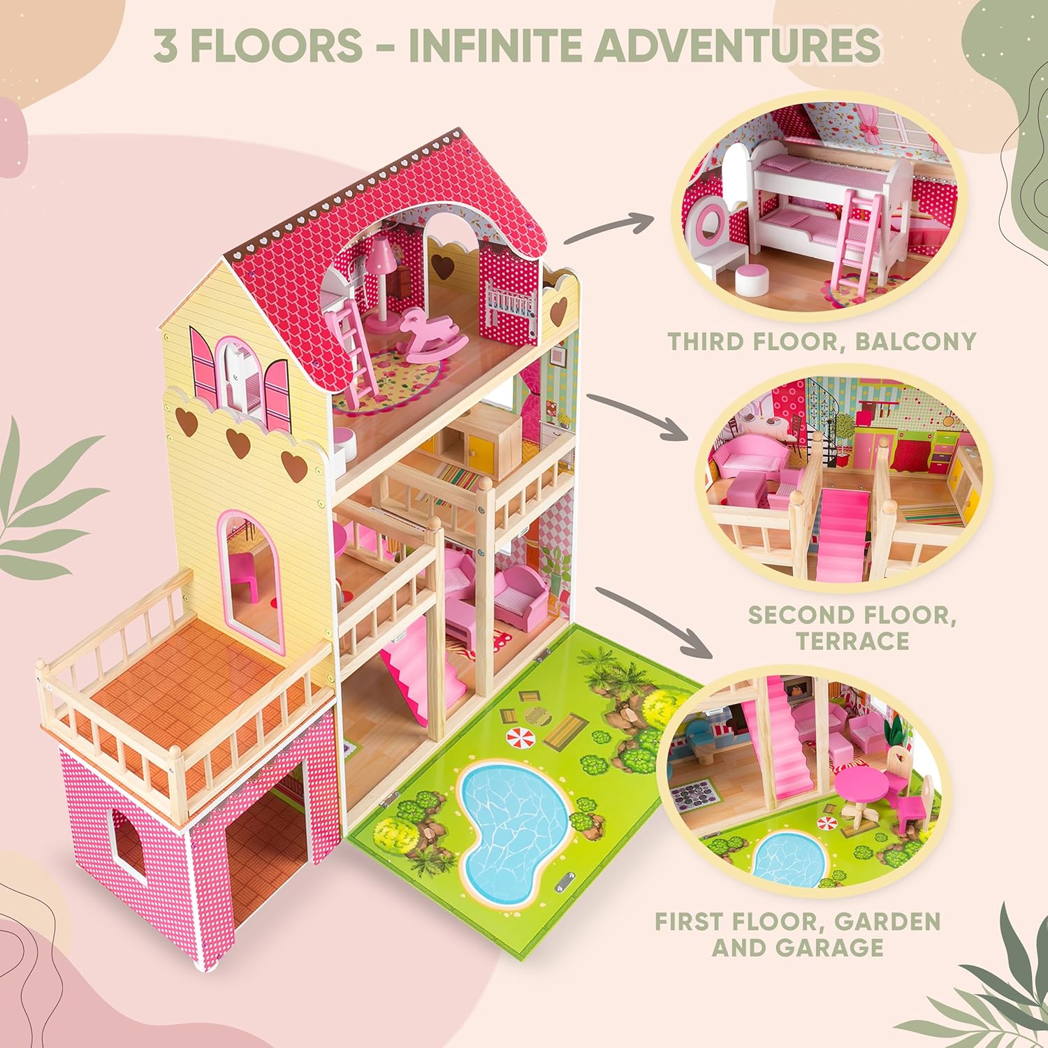 Green Series Kinderplay Maison de Poupée en Bois - Grande Maison de Poupée XXL pour Enfants dès 3 Ans | Maison Bois Idéal pour Filles et Garçons 3 Étages, Lumières LED Accessoires Inclus Maison Poupee